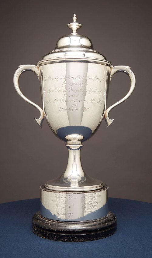 Athletics trophy, silver with curved handles and fitted lid, engraved