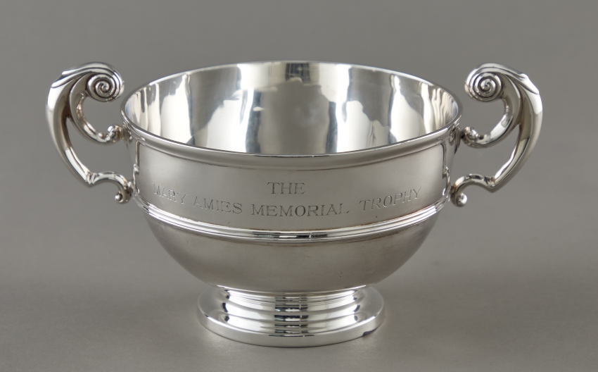 Athletics trophy, silver bowl with scrolled handles. Engraved with the words The Mary Aimes Memorial Trophy