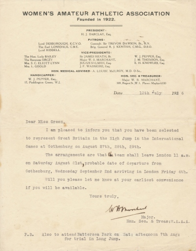 Letter from the Women's Amateur Athletic Association to Phyllis Green to inform her she has been selected to represent Great Britain in high jump at the International Games in Gothenburg, 1926.