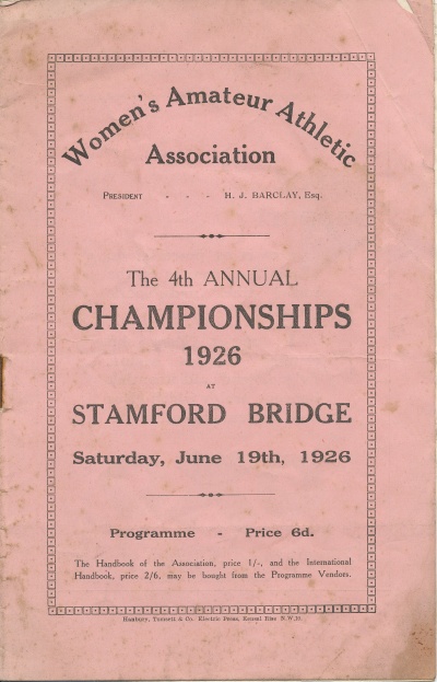Cover page of a programme for Women's Amateur Athletic Association 4th Annual Championships held at Stamford Bridge on 19th June 1926